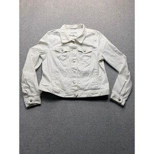 LOFT White Denim Jacket Womens Large Cotton Blend Trucker Jean Jacket 468394